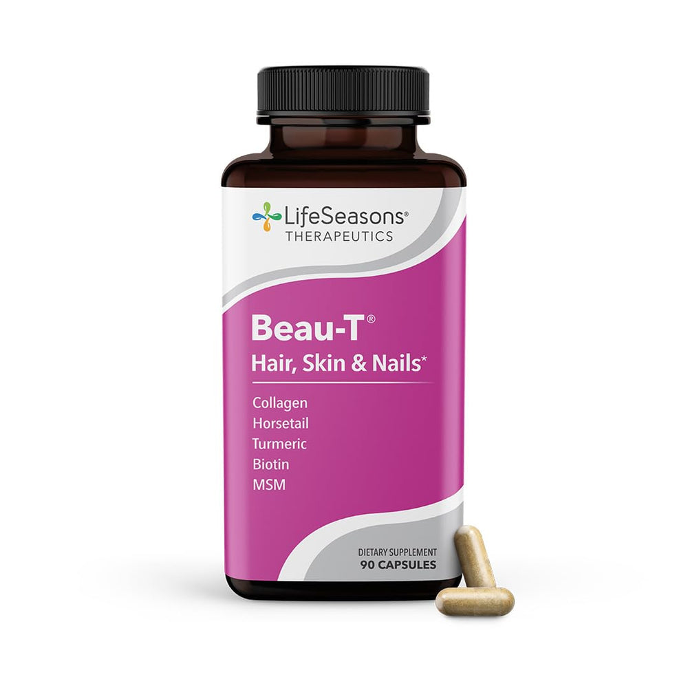 LifeSeasons Beau-T bottle and capsules supporting hair, skin, and nails.
