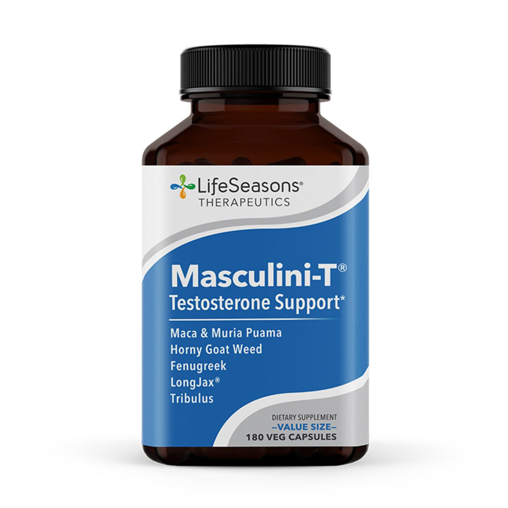 LifeSeasons Masculini-T bottle with capsules supports daily vitality.