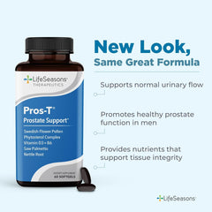 LifeSeasons Pros-T softgels close-up highlighting natural ingredients for gland health.