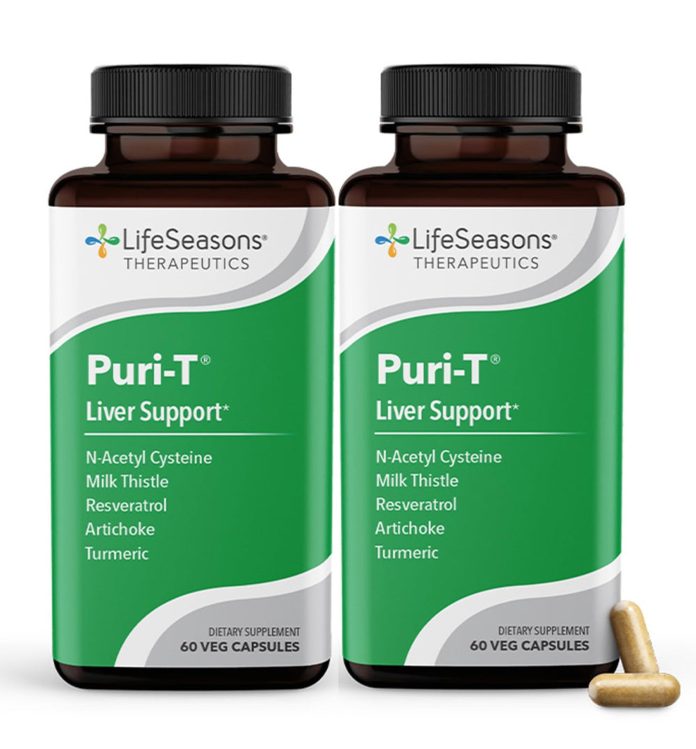 LifeSeasons Puri-T bottle shown for liver cleanse support and daily detox