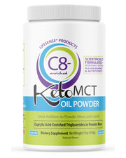 LifeSense C8 enriched MCT Oil Powder bottle shows keto-friendly energy support for busy mornings.