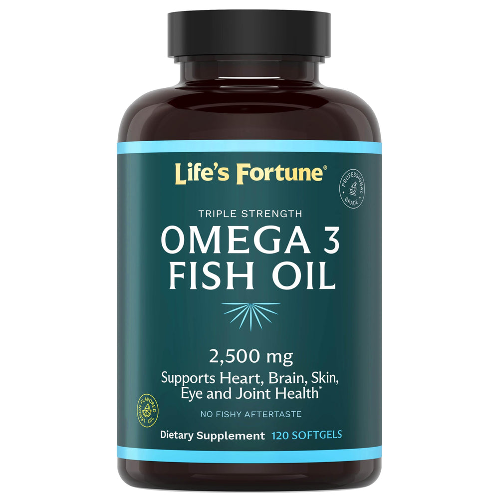 Life's Fortune fish oil bottle highlighting high-potency omega-3 for heart and brain support