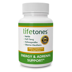 Life Tones Energy & Adrenal Support caplets front view highlighting natural energy benefits