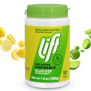 Lift Glucose bottle front shows the lemon and lime tablets for quick energy.