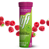 Lift Glucose Raspberry packaging showing resealable on-the-go tube for fresh tablets.