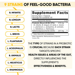 Lifted Naturals graphic highlighting nine probiotic strains for gut health.