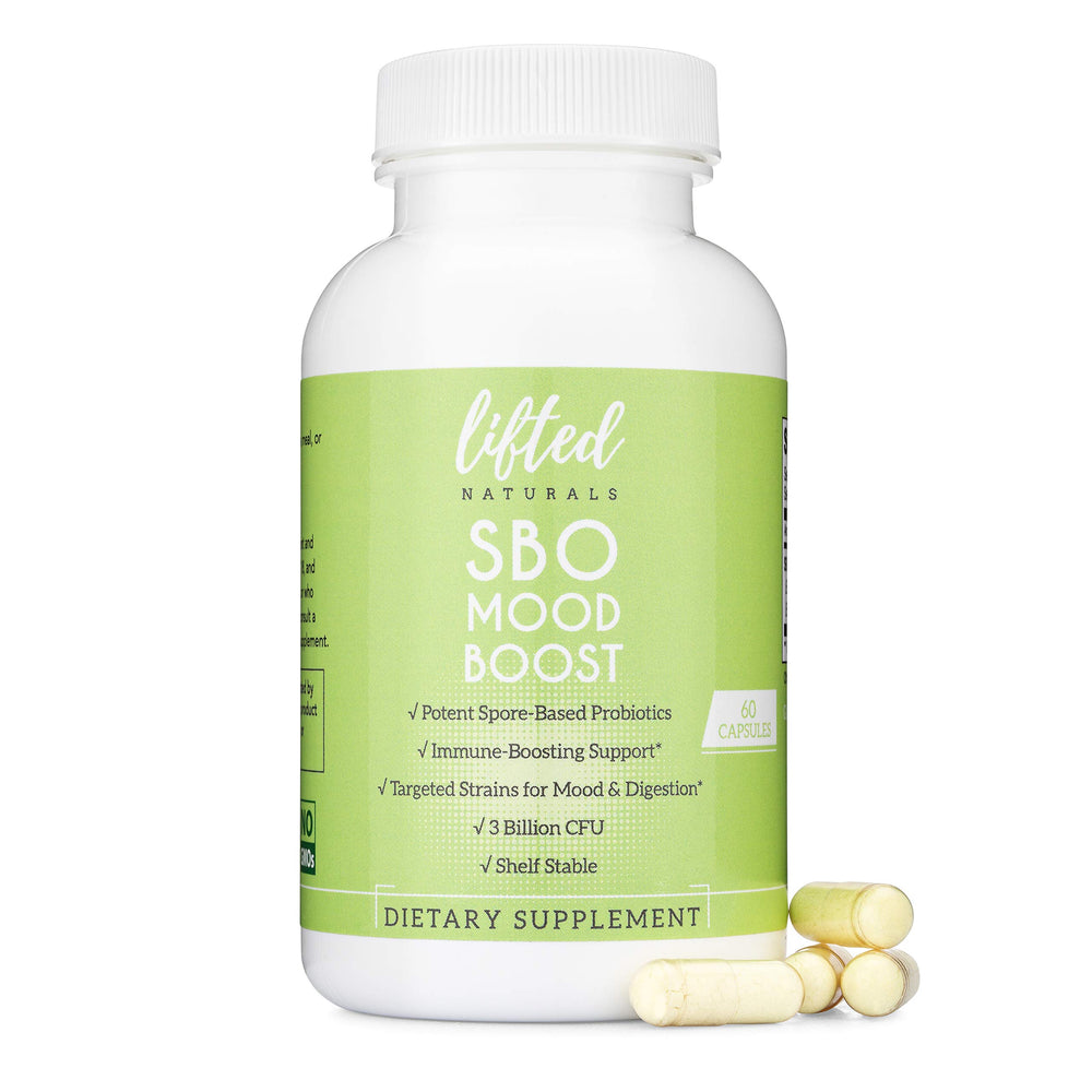 Lifted Naturals spore-based probiotic bottle front with 60-day supply for gut support