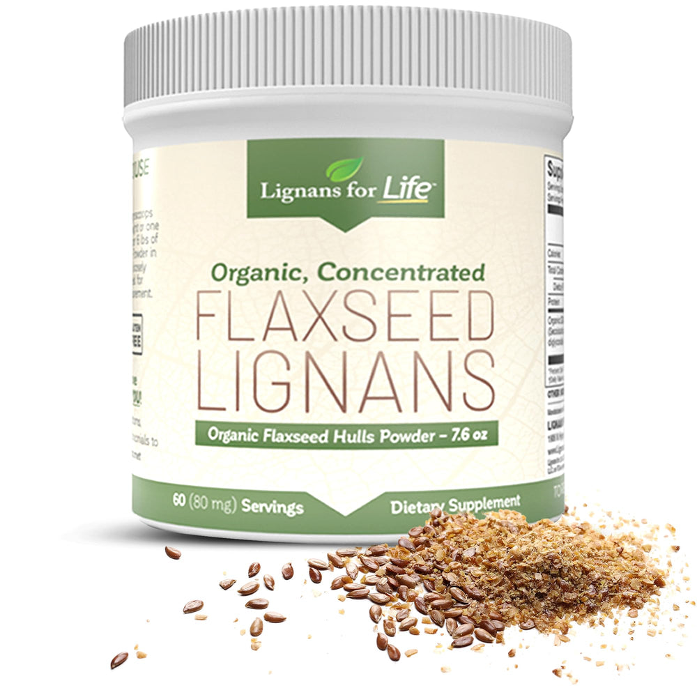 Lignans For Life flaxseed powder bottle pour highlights rich lignans and organic quality.