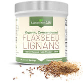 Lignans For Life flaxseed powder bottle pour highlights rich lignans and organic quality.