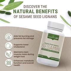 Lignans For Life label detail highlights sesame lignans for cell protection and skin vitality.