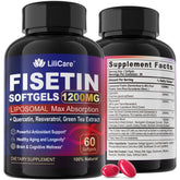 LILICARE Fisetin bottle front with liposomal capsules, highlighting enhanced absorption.
