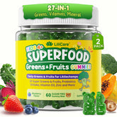 LILICARE Kids Super Greens Gummies bottle shows sugar-free, kid-friendly chews for daily nutrition.