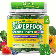 LILICARE Kids Super Greens Gummies bottle shows sugar-free, kid-friendly chews for daily nutrition.
