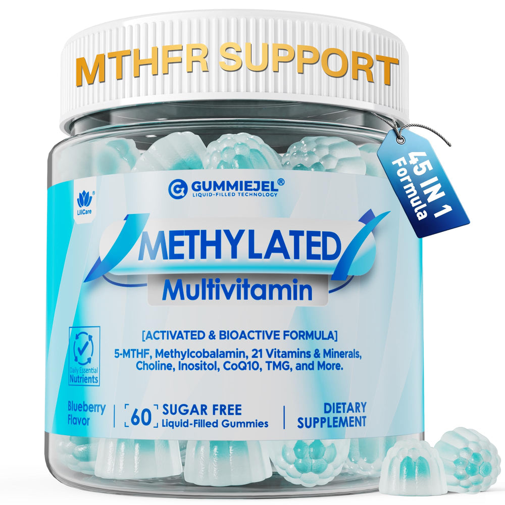 LILICARE methylated multivitamin gummies hero bottle showing daily wellness benefits
