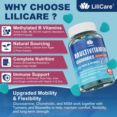 LILICARE methylated multivitamin gummies ingredients panel shows broad vitamin and mineral mix.