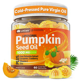 LILICARE Pumpkin Seed Oil Gummies bottle with label, highlighting hair and prostate support benefits.