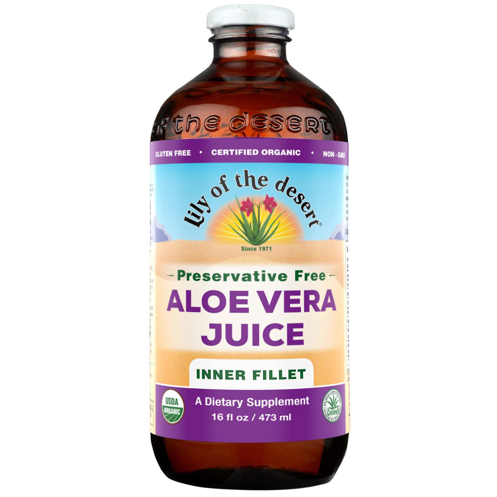 Lily of the Desert Aloe Vera Juice inner fillet filtered bottle for purity and clean nourishment.