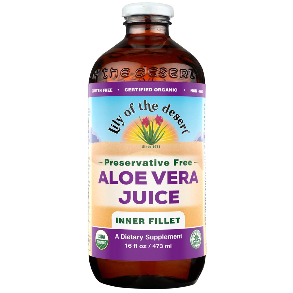 Lily of the Desert Organic Aloe Vera Juice bottle, pure and preservative-free for digestive support.