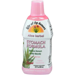 Lily Of The Desert Aloe Vera Juice Stomach Formula bottle pouring, supports digestion and gut comfort.