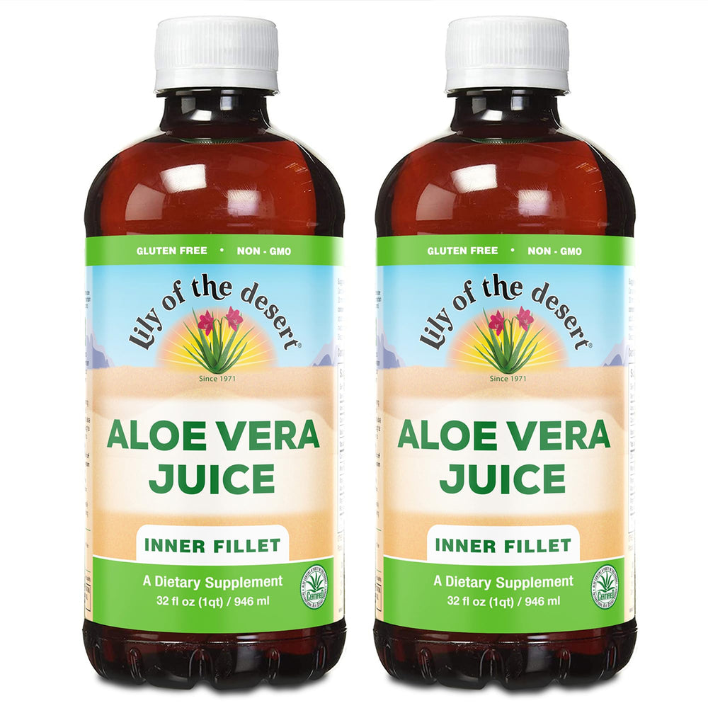 Lily Of The Desert organic aloe vera juice 2-pack bottles for daily gut wellness.