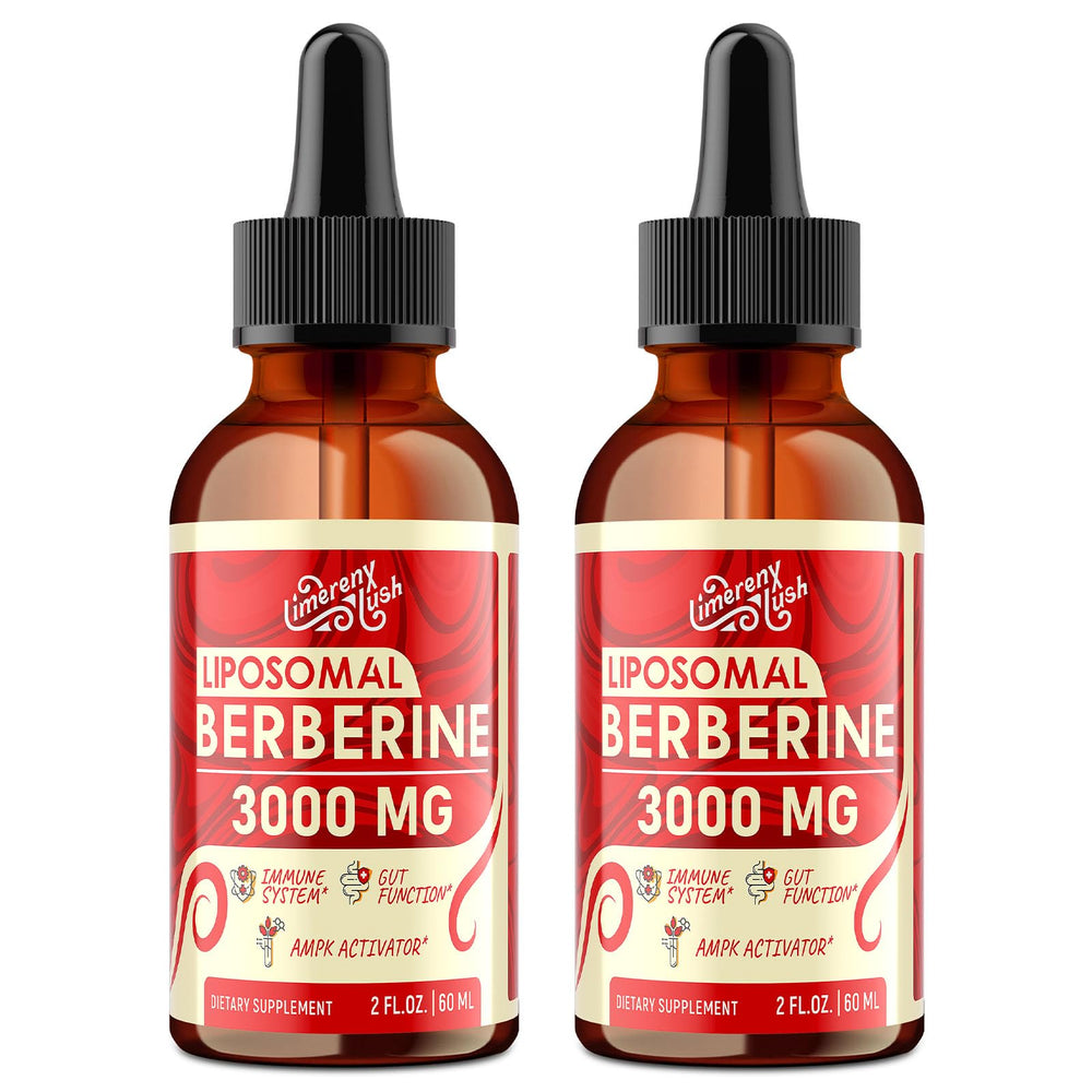 LimerenxLush Liposomal Berberine Drops bottle shows a premium wellness product for energy and balance.