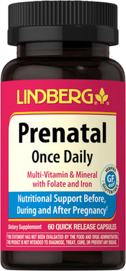 Lindberg Prenatal Vitamins bottle on the counter supports daily pregnancy nutrition with quick-release capsules.