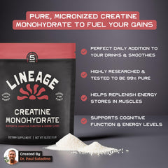 Lineage Provisions creatine powder scoop closeup shows fine texture for quick mixing