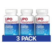 Lipoflavanoid Advanced Hearing Support bottle with caplets for daily use.