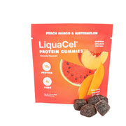 LiquaCel Protein Gummies in a bag featuring Watermelon and Peach Mango flavor, a convenient protein snack.