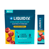 Liquid I.V. Golden Cherry bottle pour shows quick hydration in action