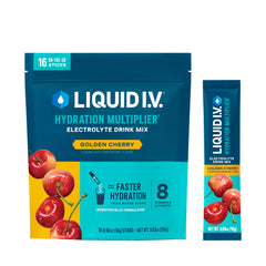 Liquid I.V. Golden Cherry bottle pour shows quick hydration in action