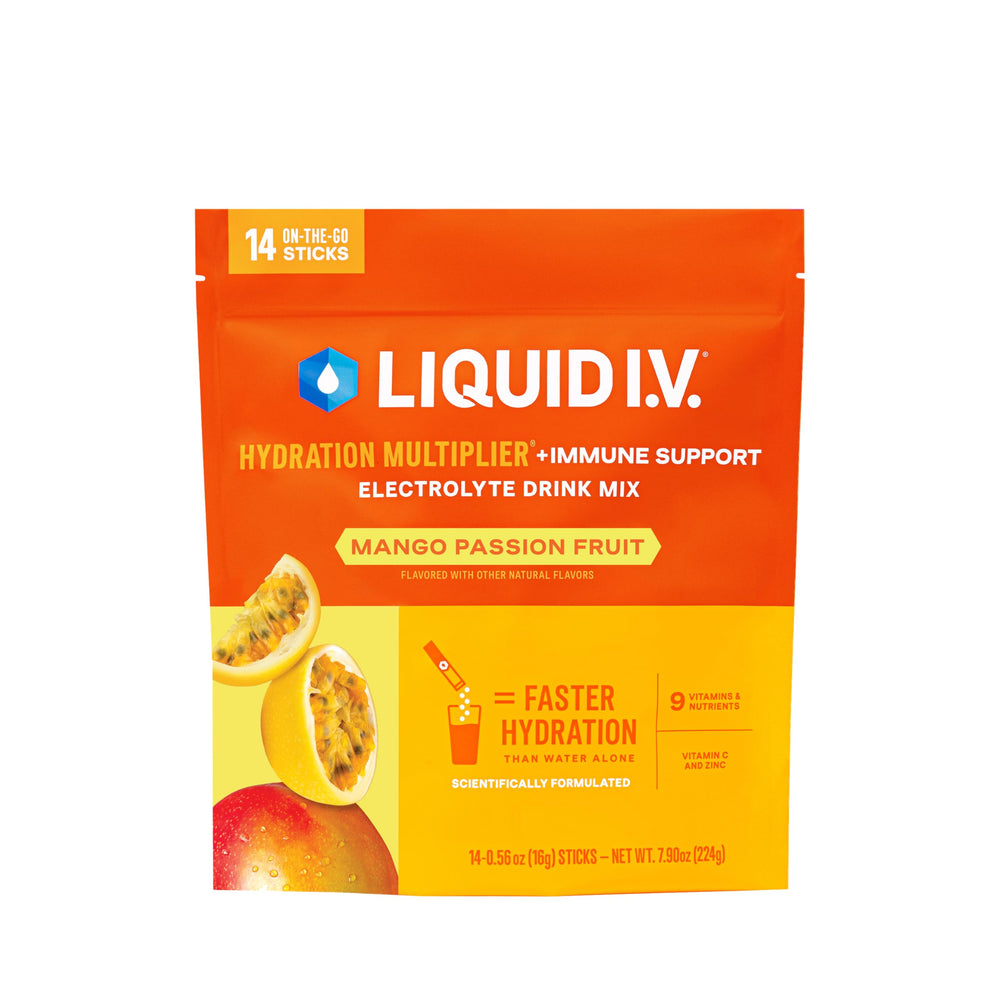 Liquid I.V. Hydration Multiplier bottle pour shows mango passionfruit flavor for refreshing hydration