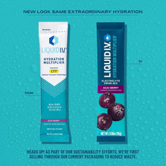 Pouring Liquid I.V. Hydration Multiplier Acai Berry into a glass of water.