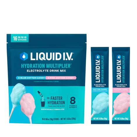 Liquid I.V. Hydration Multiplier Cotton Candy bottle pour for quick hydration on the go