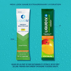 Liquid I.V. Hydration Multiplier Energy Mango Tamarind powder dissolving in water for quick refreshment.