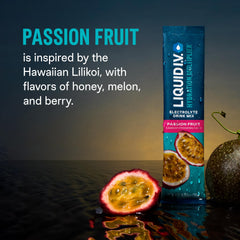 Liquid I.V. Hydration Multiplier Passion Fruit powder dissolving in water for quick hydration.