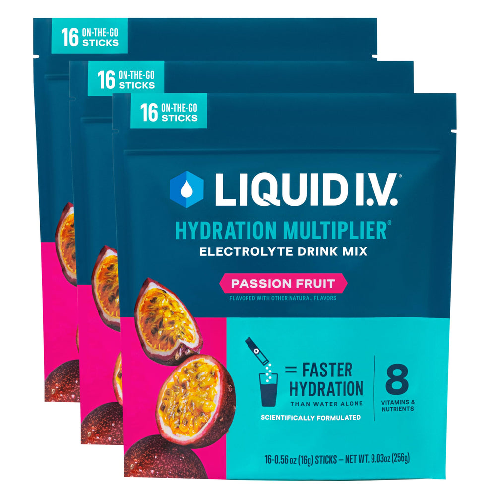 Liquid I.V. Hydration Multiplier Passion Fruit packets for on-the-go hydration.