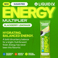 Liquid I.V. Hydration Multiplier Sugar-Free Energy Blackberry Lemonade pouring into water