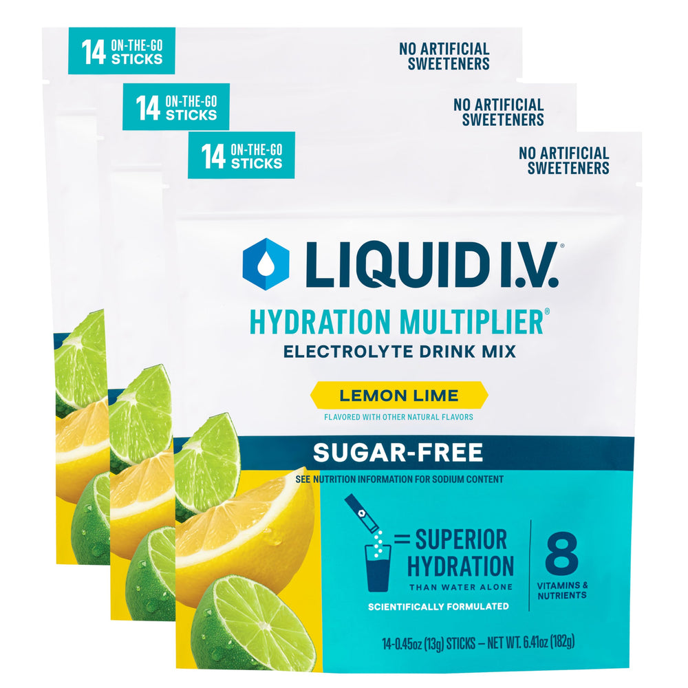Liquid I.V. Hydration Multiplier Sugar-Free Lemon Lime packet ready to mix for on-the-go hydration.