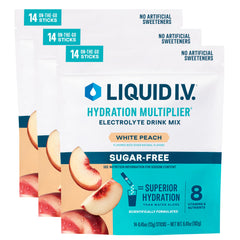 Liquid I.V. Hydration Multiplier Sugar-Free White Peach 3-pack on shelf, convenient hydration on the go.