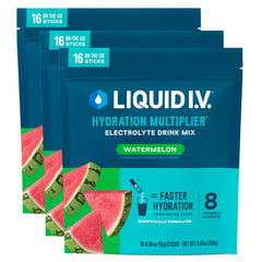 Liquid I.V. Watermelon Hydration Multiplier three-pack front view for easy on-the-go hydration