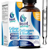 Liquid Naturals liquid collagen and biotin bottle with vanilla flavor for daily beauty support.