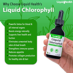 LIQUIDHEALTH Chlorophyll Drops label closeup emphasizes vegan, non-GMO quality.