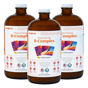 LIQUIDHEALTH Mega Energy B-Complex bottle with pour showing natural energy support