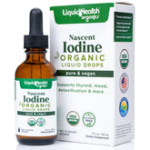 LIQUIDHEALTH nascent iodine drops bottle poured, suggesting rapid absorption for thyroid support.