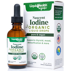LIQUIDHEALTH nascent iodine drops bottle poured, suggesting rapid absorption for thyroid support.