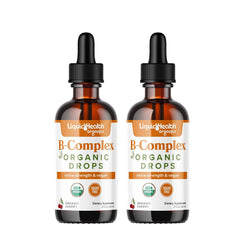 LIQUIDHEALTH organic vitamin B complex drops bottle shows full-spectrum vitamins for energy support