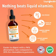 LIQUIDHEALTH vitamin B drops cherry flavor dispenser highlights fast absorption and easy use