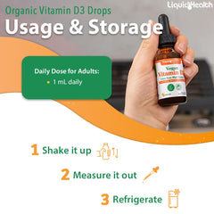 LIQUIDHEALTH Vitamin D3 drops amber bottle on kitchen shelf