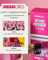 Literie Mean Girls inspired candle glows warmly, enhancing cozy spaces with tulips and freesia